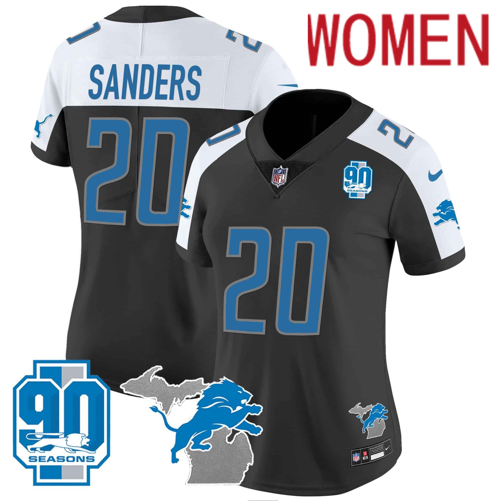 Women Detroit Lions #20 Sanders Black 2024 Nike 90th Year Michigan Patch Vapor NFL Jersey